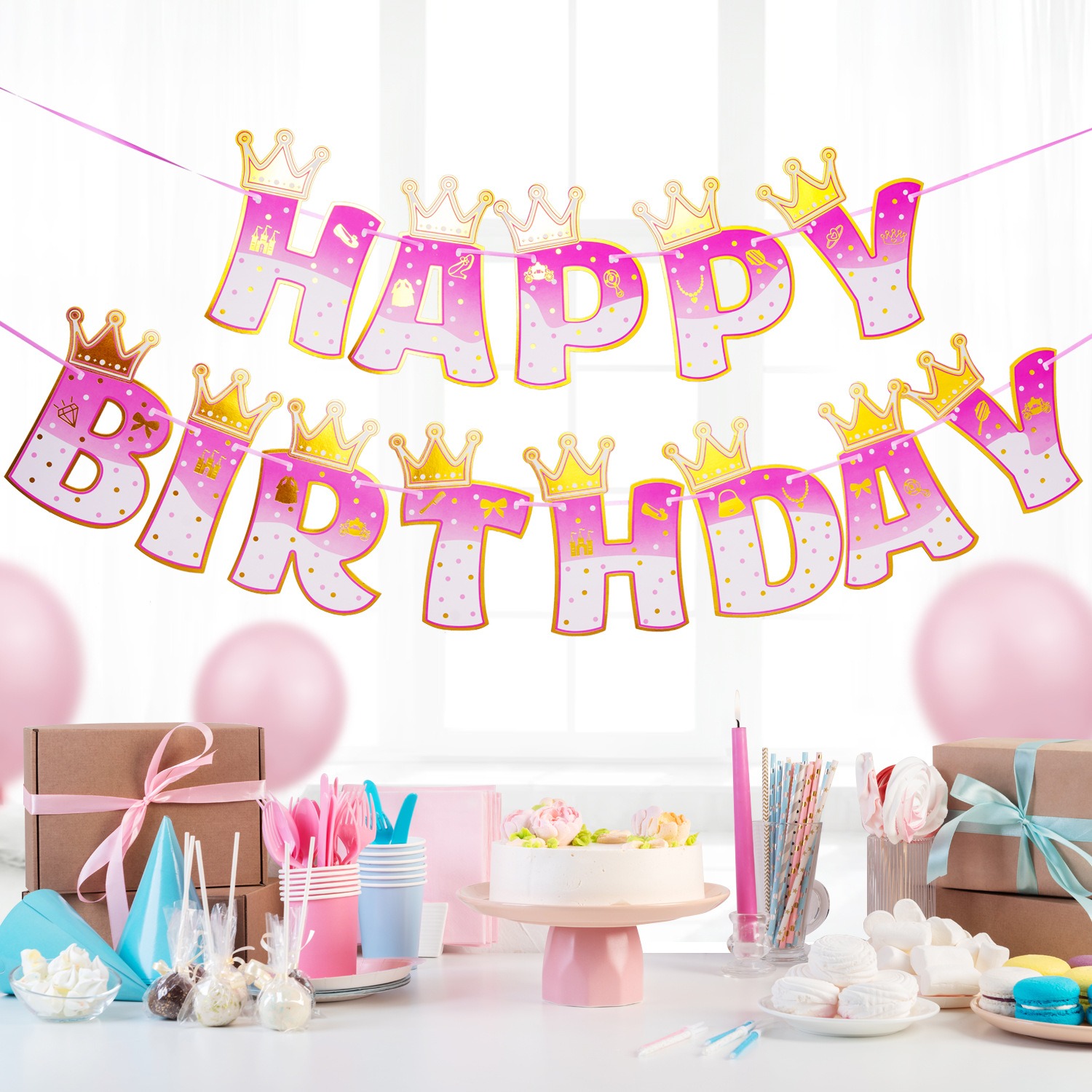 Pembe damgalama altın taç tema - Party Banner Gold incelemesi ve fiyatı